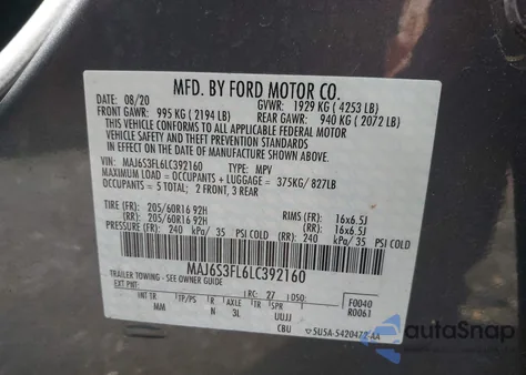 2020 Ford Ecosport S z USA, uszkodzony, nr VIN MAJ6S3FL6LC392160